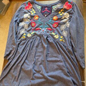 long sleeve blue top with colorful embordered flowers by Johnny Was